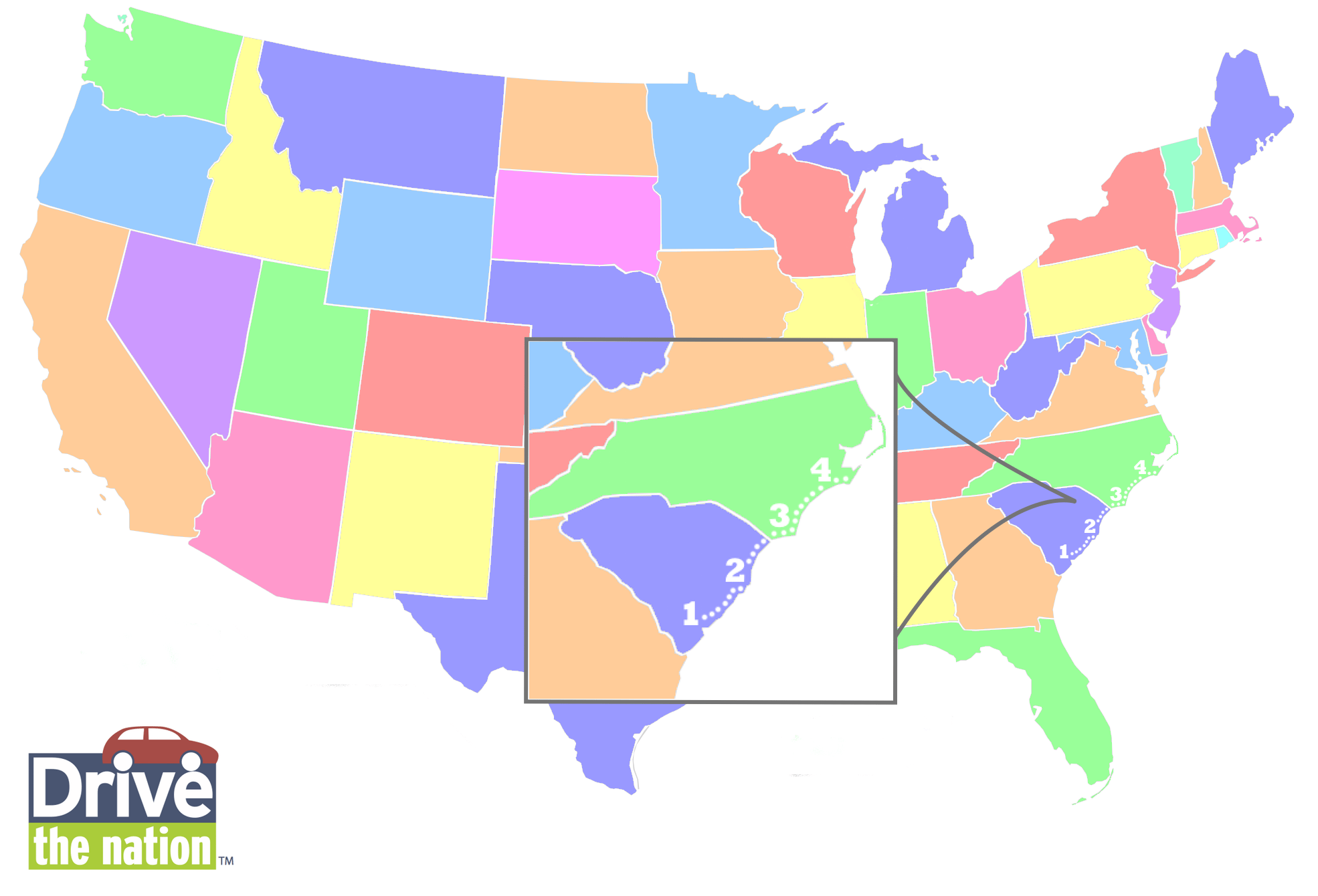 Map of a Carolina Coast Itinerary from Drive the Nation