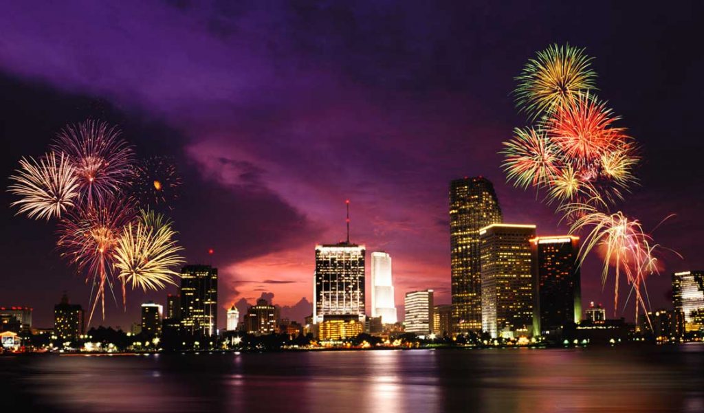 Miami Skyline With Fireworks