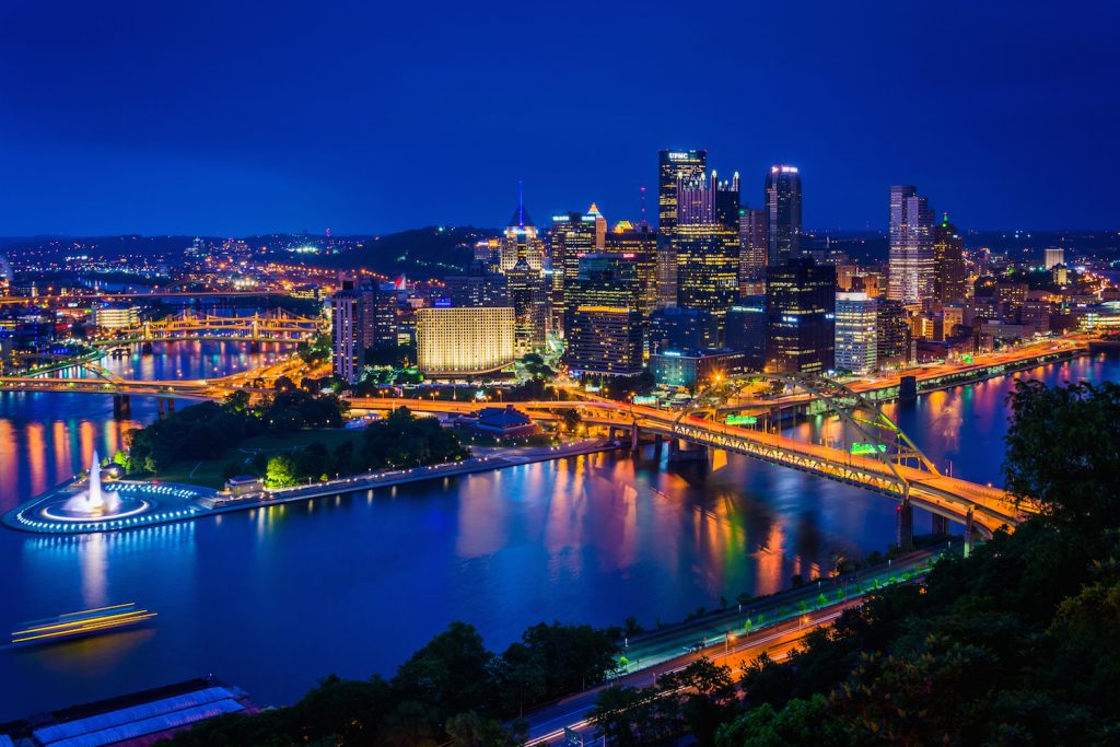 Night view of Pittsburgh from the top of the Duquesne Incline in Mount Washington Pittsburgh Pennsylvania.