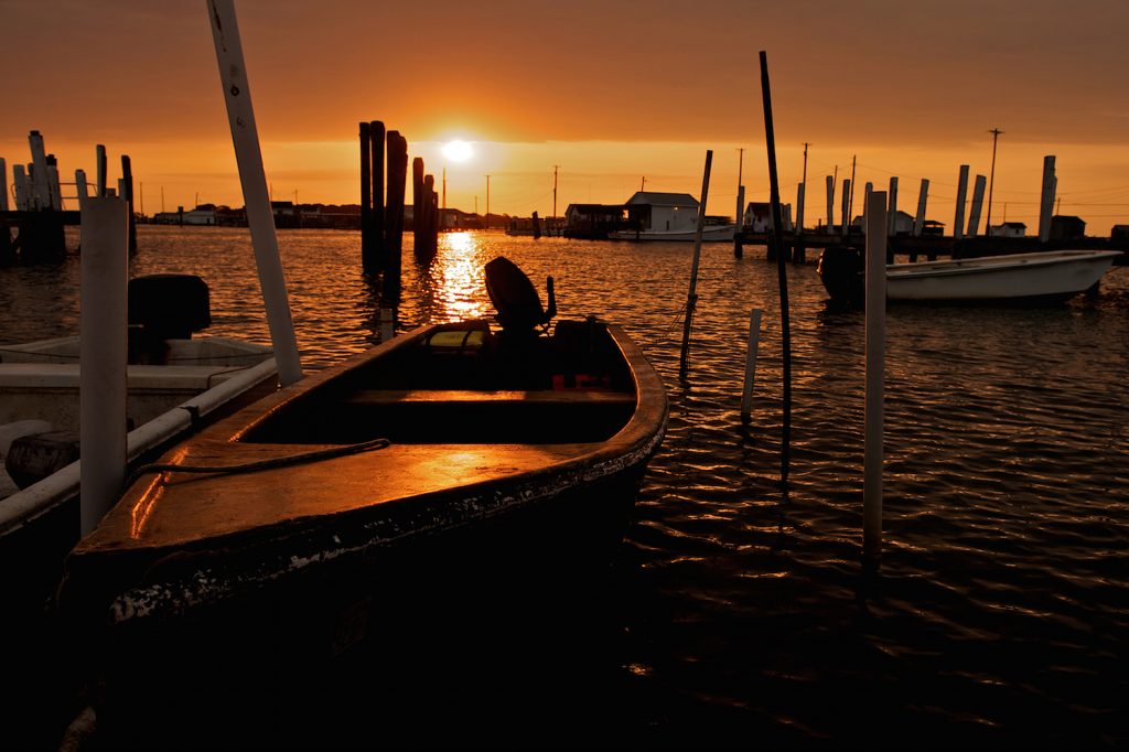 Sunrise over the fishing boats of Tangier Island in Virginia.