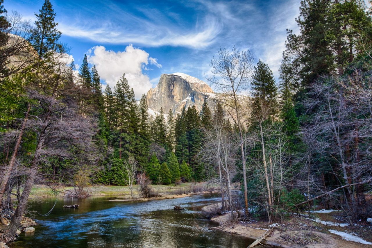 Half Dome towers above the Merced river. Yosemite National Park California