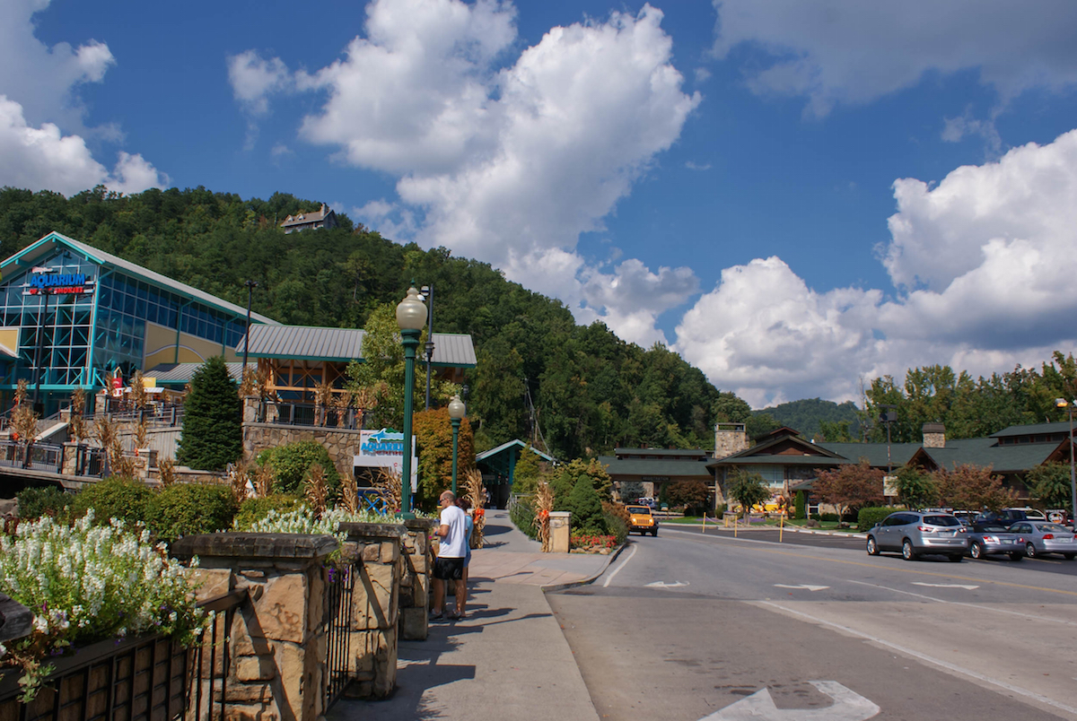 Downtown of the small town of Gatlinburg and Smoky Mountains landscapes around it 