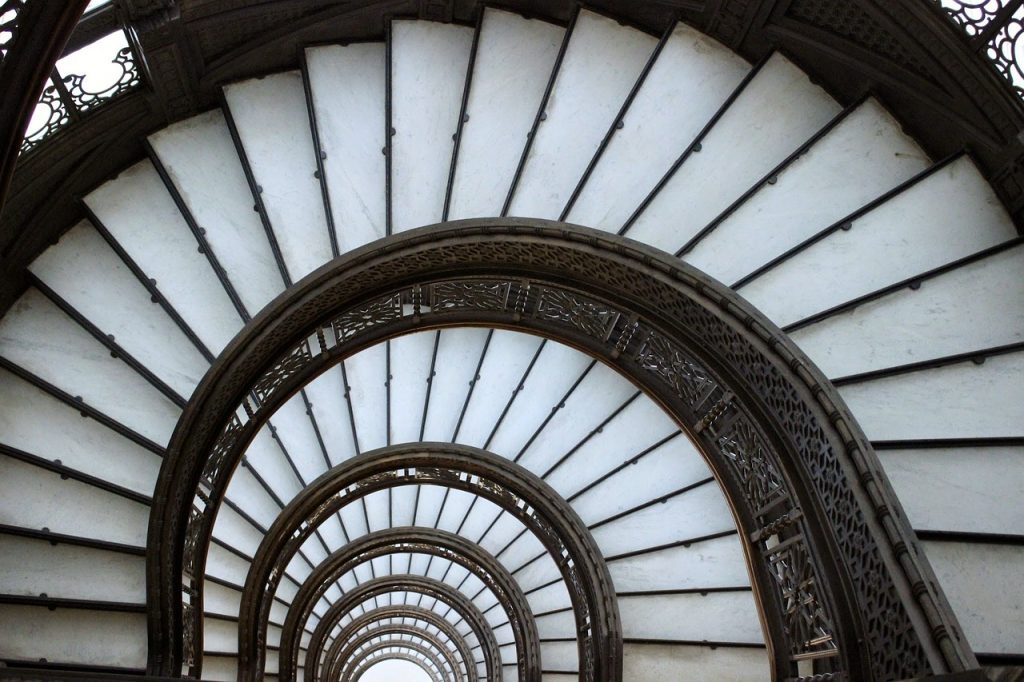 Spiral staircase inside of the Rookery Building in Chicago
