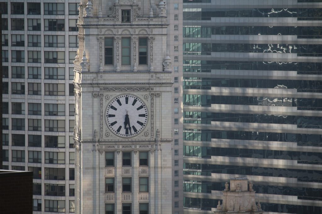 The famous clock on the south tower of the the Wrigley Building in Chicago