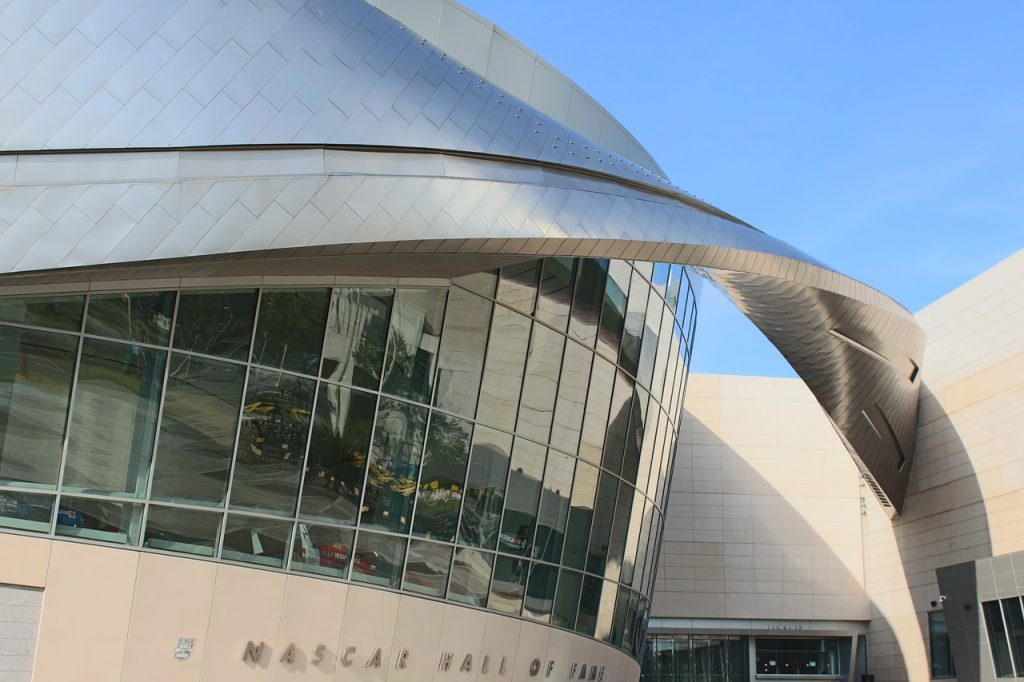 Front view of the Nascar Hall of Fame Building in Charlotte, North Carolina