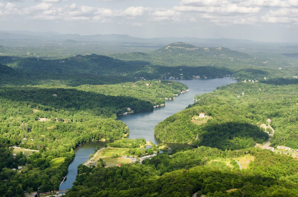 Aerial view from Chimney rock mountain at the Lake Lure in North Carolina