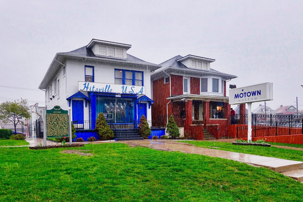 front of Hitsville USA, the Motown Museum in Detroit MI on a rainy, overcast day