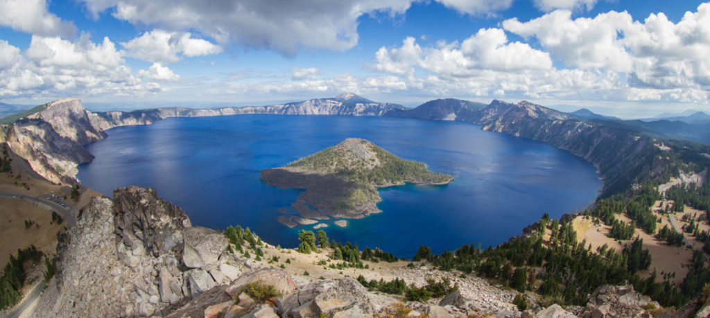 wide angle view of Crater Lake form the top of Watchman's Peak beautiful landscape in Oregon